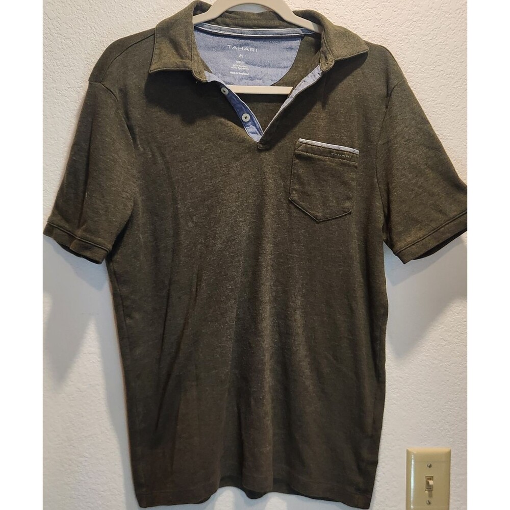 Tahari Men's Olive Short Sleeve Polo Shirt Medium 60% Cotton Pocket